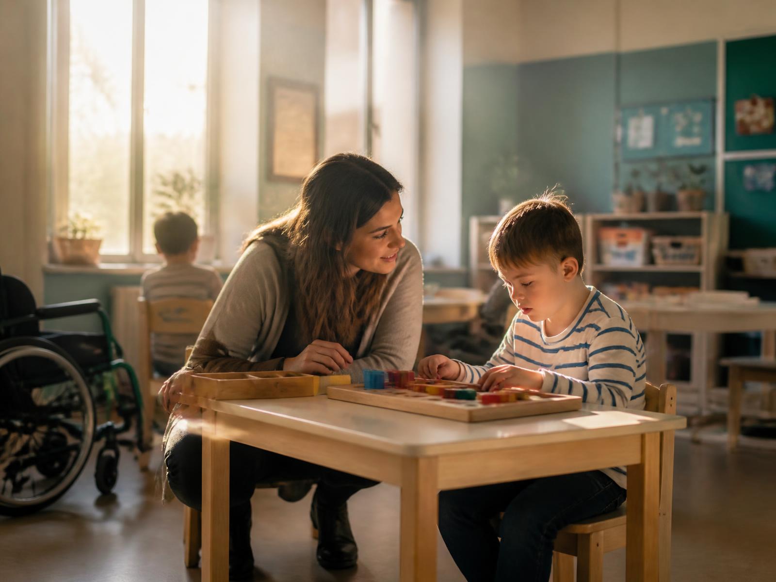 A teacher working one-on-one with a child at Nurture Kids
